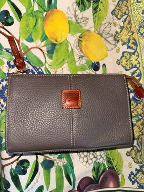 Dooney & Bourke Gray Pebbled Leather Wristlet with Brown Trim